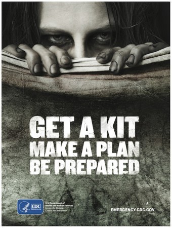 A poster image of a zombie-like figure peeking behind a blanket, with the words: Get a kit, make a plan, be prepared