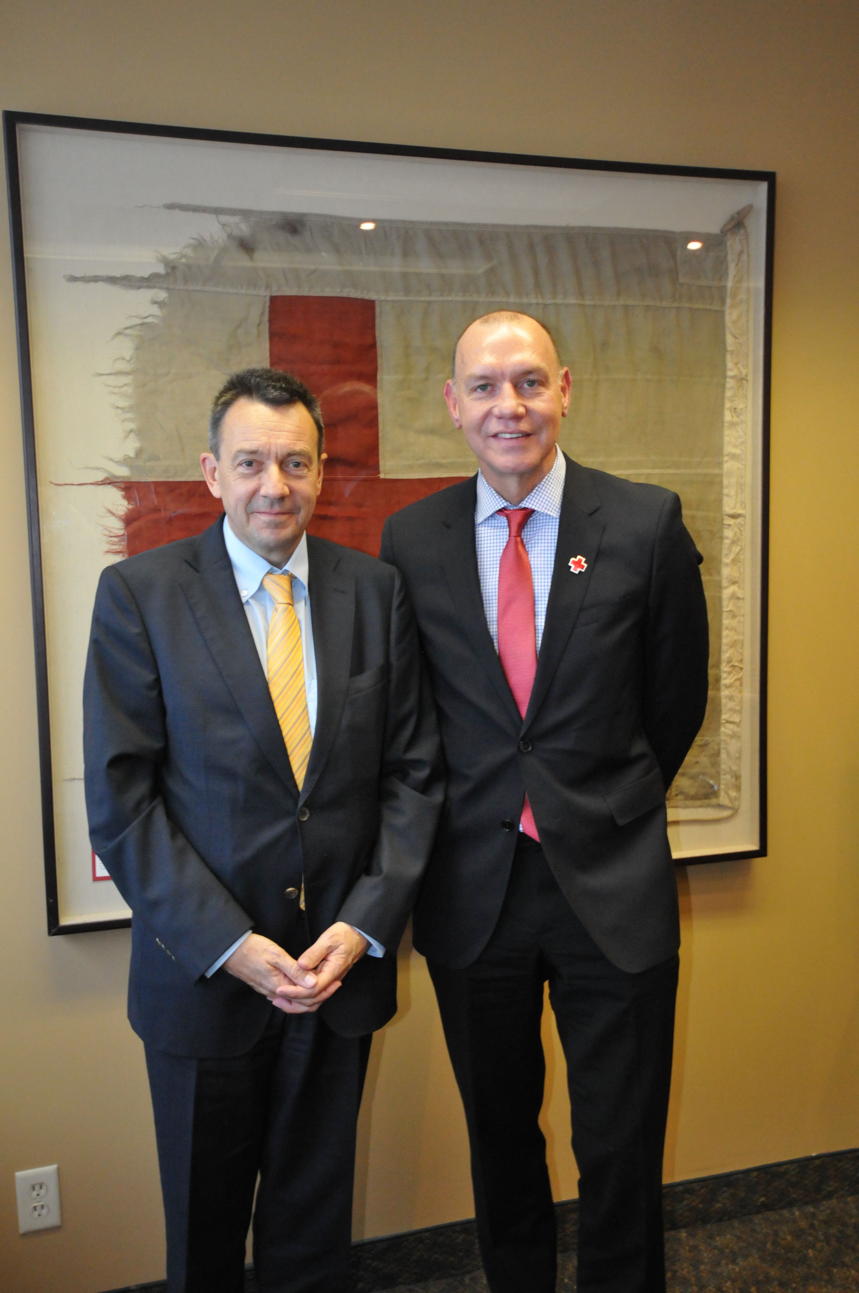 Peter Maurer, President of the International Committee of the Red Cross, pictured above with Conrad Sauve, Secretary General and CEO of the Canadian Red Cross