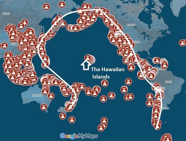 The Pacific Ring of Fire with Hawaii in the centre.