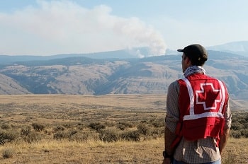 A person in a Red Cross vest looking out across the horizon with a plume of smoke