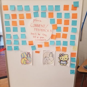 A white board with orange and blue post-it notes stuck to it.