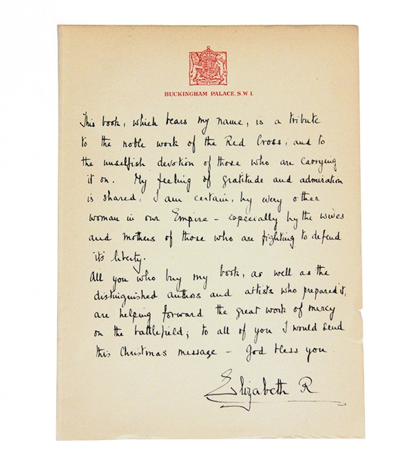 Letter from Queen Elizabeth to readers, reproduced between pages 4 and 5 of “The Queen’s Book of the Red Cross,” 1939