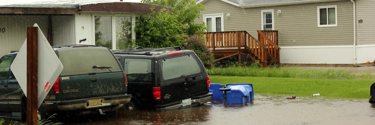 Two vehicles in a flooded driveway