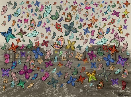 A piece of digital artwork featuring a black and white archival photo of Tk'emlups Residential School with 215 colourful butterflies superimposed on top of the image, representing each child suspected