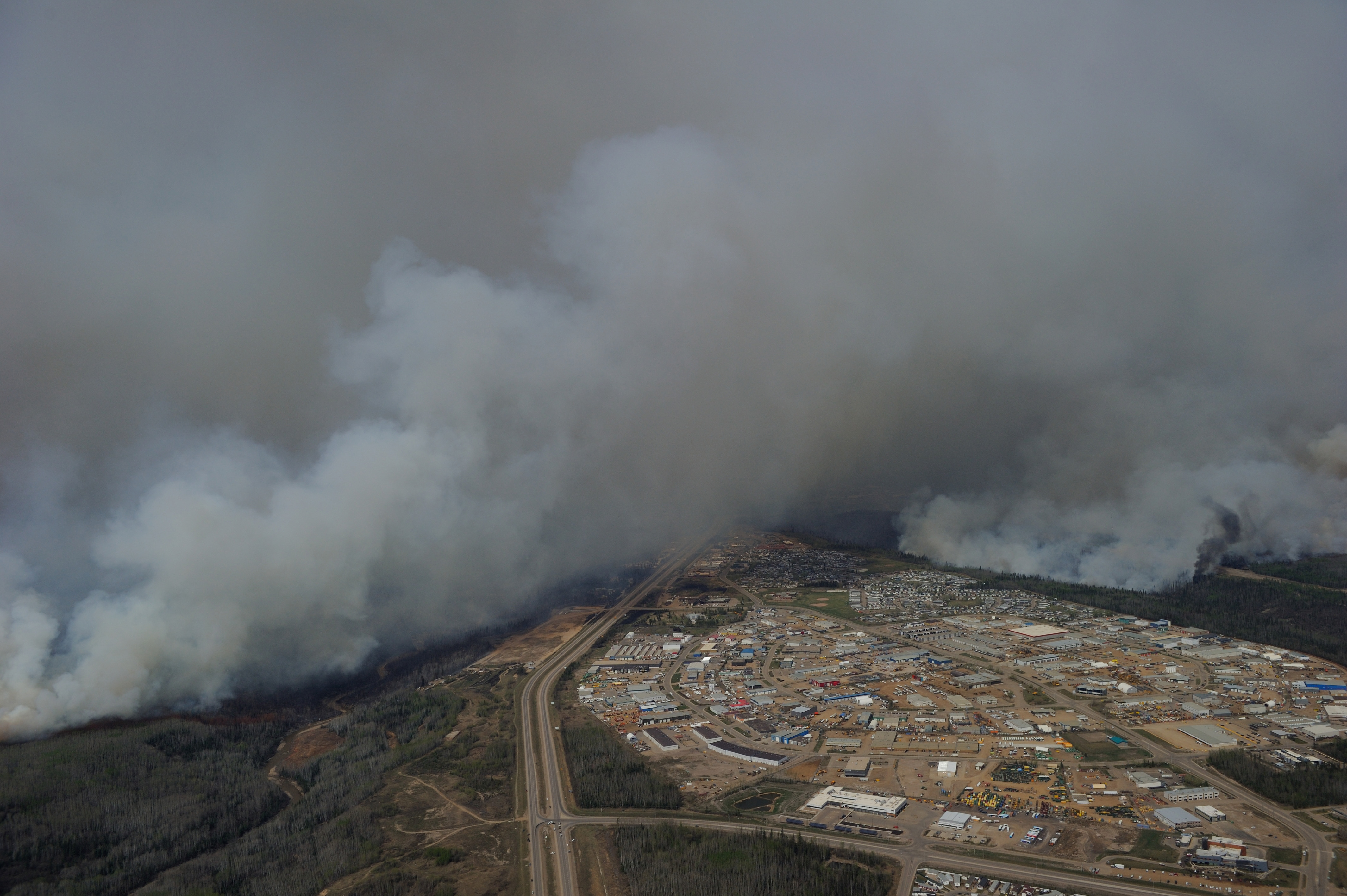 Aerial image of a devastating wildfire in Fort Mcmurray