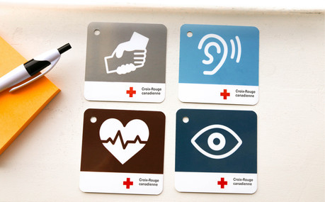 Four Red Cross coping cards, colourful cards with icons. 