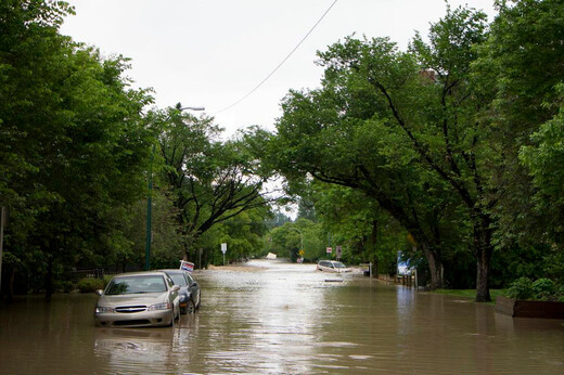 A flooded street in Alberta with cars floating on the water