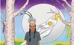 front cover art of a colouring book showing an indigenous person, a moon and an eagle
