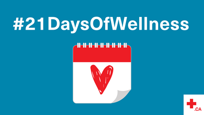 graphic of a calendar page with a heart drawn on it. Text #21DaysOfWellness and redcross.ca logo