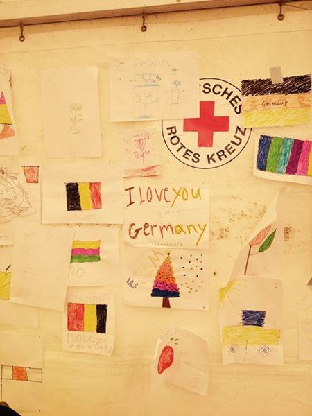 Children drawings at the refugee camp in Feldkirchen, Germany