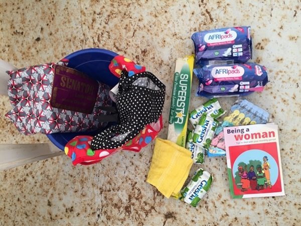 The Red Cross provides locally designed menstrual hygiene management kits, pictured here, for women 