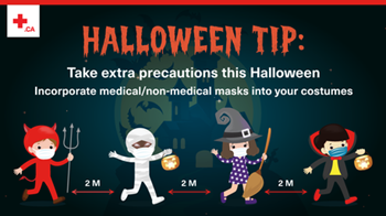 Text: Halloween Tip: Incorporate medical/non-medical masks into your costumes