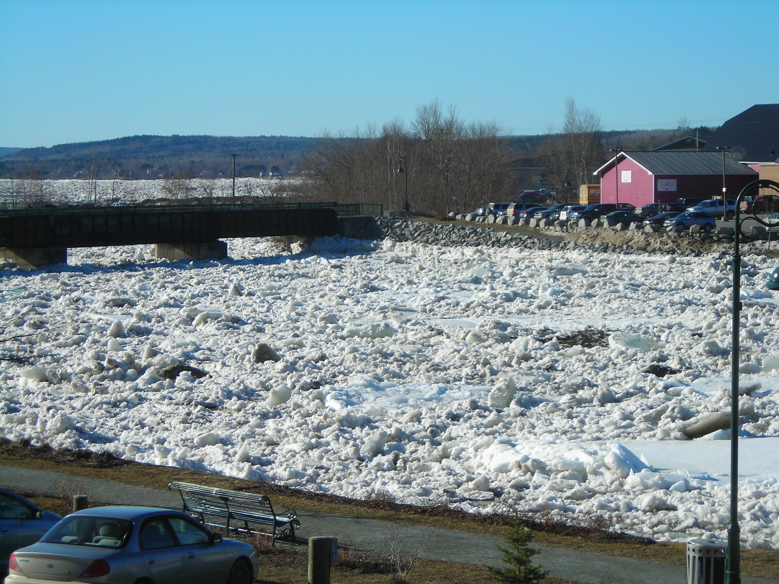 Ice jam on river in Woodstock, New Brunswick