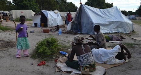 Pictured above, families are still living in one of the camps that was set up after the Mozambique floods in January. 