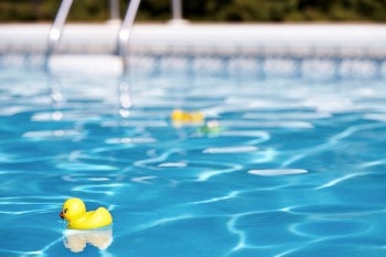 Pool with two yellow rubber duckies floating on surface