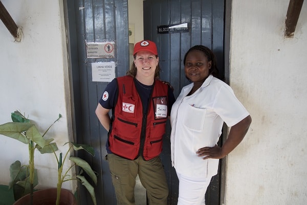 Labour and delivery nurse Fatima with Canadian Red Cross aid worker Jaime Burgoyne. Red Cross aid workers have been providing guidance and mentorship to staff of the labour and delivery department to help improve quality of care and outcomes for mothers and babies.