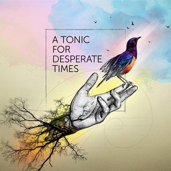 A poster of Theatre Gargantuan's new play A Tonic for Desperate Times depicting a bird sitting on a hand with others flying in the backgroun