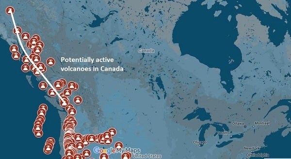 Map of potentially active volcanoes in Canada.
