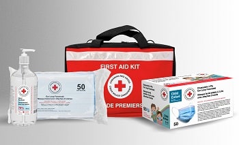 A family first aid kit with contents displayed