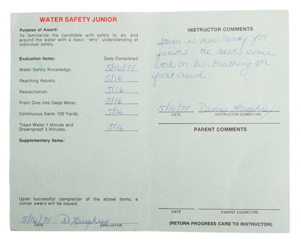 Water Safety Programme Personal Record Card 