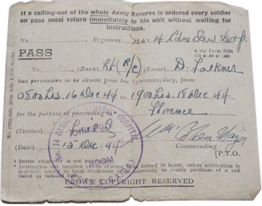 Dorothy Doolittle’s December 1944 two-day pass allowing her to travel through Allied military zones to Florence, Italy, on leave (Courtesy of Janet Partridge)