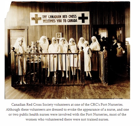 A group of Canadian Red Cross volunteers dressed in nursing attire pose in front of a welcome sign. The photo is from approximately 1920 and it sepia in tone.