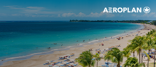 A tropical beach with palm trees and tourists under umbrellas on a sunny day with the Aeroplan logo.