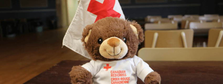 A red cross teddy bear on a table 