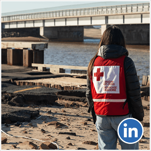 anadian Red Cross staff member, Andrea Parent, looking onto the wreckage caused by a hurricane.