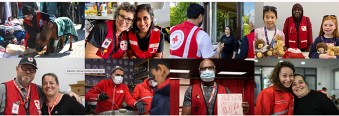A collage of eight images showcasing how Red Cross staff members help around the world