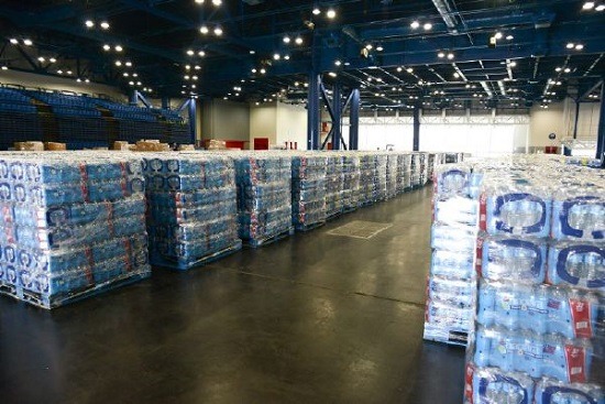 Relief supplies in a warehouse