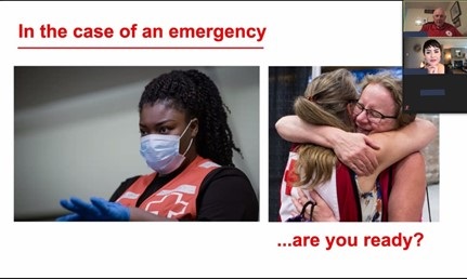 A photo of a woman in a Red Cross vest in a mask beside a photo of two women hugging