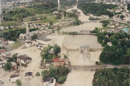 An aerial view of the Saguenay flood and affected village submerged.