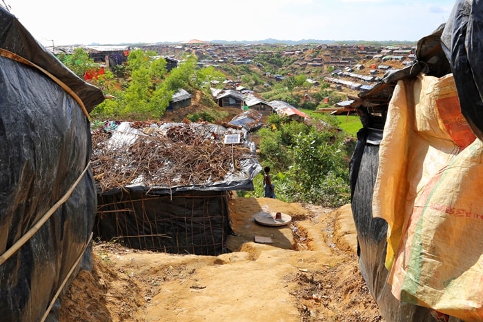 View from Hakimpara camp, Bangladesh, where people are living on steep and cramped hillsides