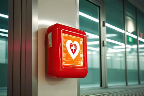 An AED mounted on a wall