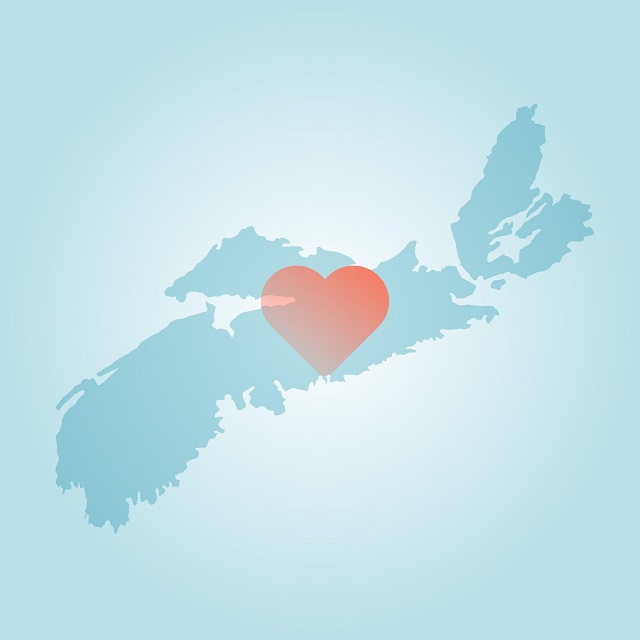 Outline of province of Nova Scotia with a heart in the middle.