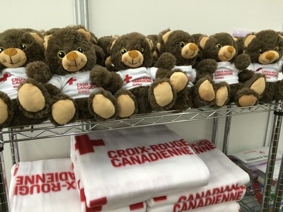 Red Cross teddy bears and blankets