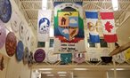 Banners hanging from the front hall at Sakku School in Nunavut