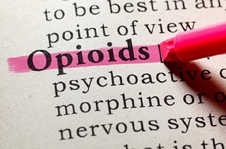 A dictionary page is shown with the definition of “opioids”. A pink marker is highlighting the word “opioids.” 