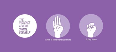 A graphic depicting the Violence at Home Signal for Help: Palm to camera and tuck thumb, trap thumb