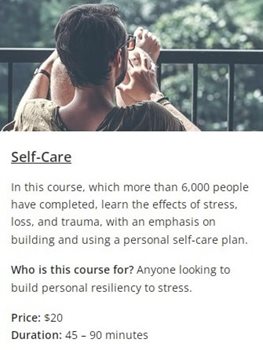A person sitting on a chair on a balcony looking out to greenery with text: Self-Care course information.
