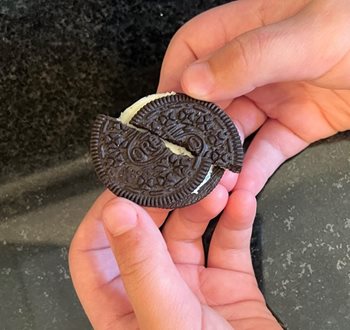 A child's hands bolding a broken Oreo cookie.