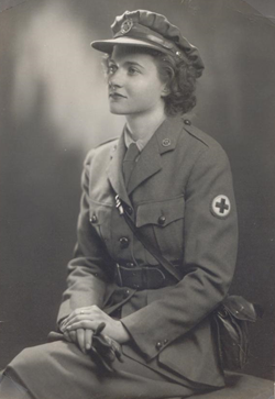 Young Mary Land wearing her Red Cross uniform. Photo is black and white.