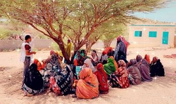 A group of women sitting under a tree listening to a Somali Red Cross Society presenter