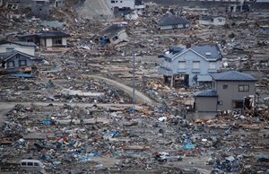 Widespread devastation of homes and streets after a tsunami hit Japan in March 2011