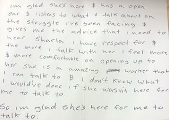 A hand written note thanking Sharla for providing a listening ear