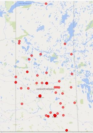 map of Saskatchewan with dots showing all the places Red Cross responded to personal disasters