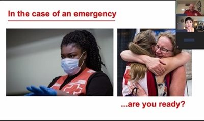 A photo of a woman in a Red Cross vest and mask beside a photo of two women hugging