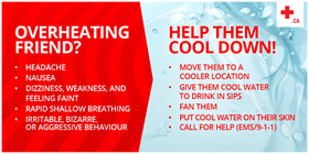 graphic with tips to recognize an overheating friend and how to help them cool down